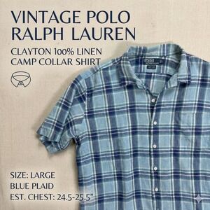 Polo Ralph Lauren‎ Clayton 100% Linen Shirt Mens Large Blue Plaid Short Sleeve